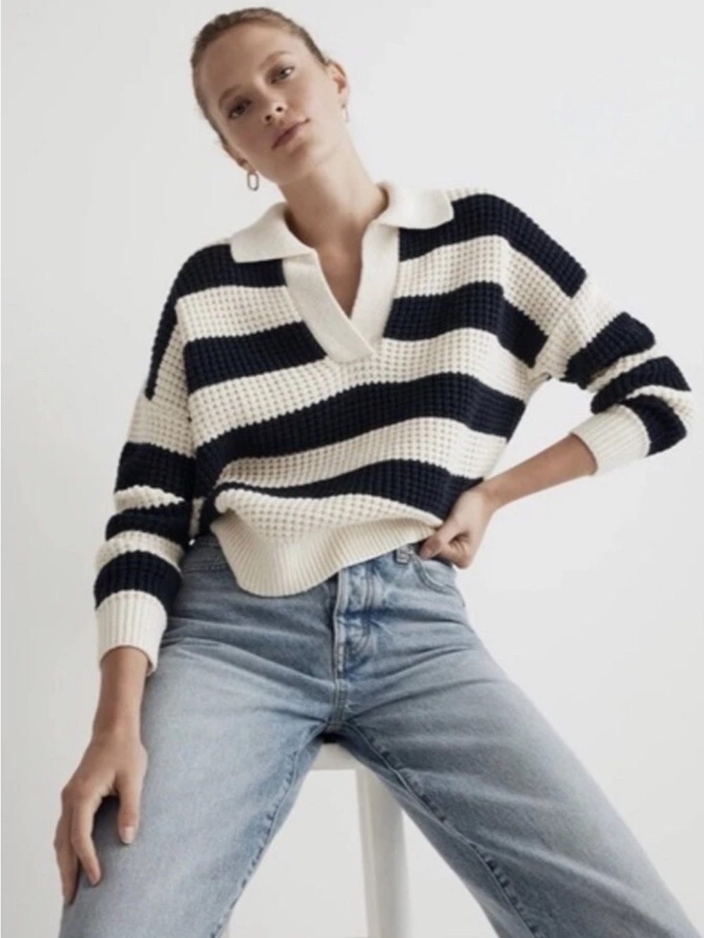 Madewell Striped Waffle Knit Henley Sweater Antique Cream Navy Stripe